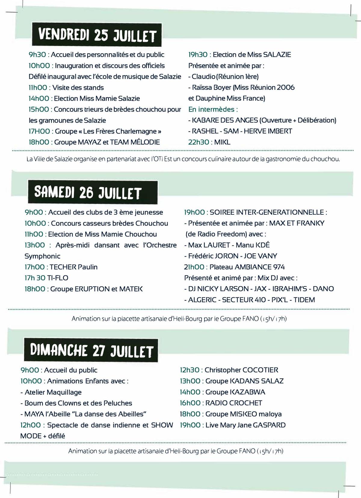 Programme de la fête du chouchou / Salazie / La Réunion
