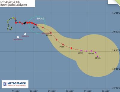 Cyclone Bansi - Prévisions de trajectoire Météo France - 15 janvier 2015 à 10h