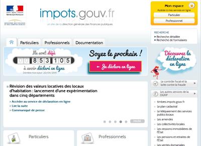 Capture d'écran du site impots.gouv (le 21 avril) avec à la Une : la déclaration des revenus en ligne