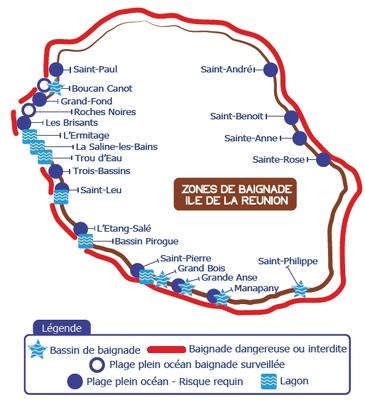 Carte des zones de baignades à la Réunion