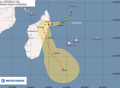 Tempête ELIAKIM - Prévisions de trajectoire de Météo France du 15 mars 2018 à 16h