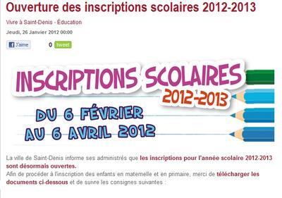 Capture d'écran du site de la Mairie de St-Denis - Inscriptions scolaires 2012 - 2013