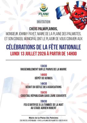 Programme de la fête nationale et du feu d'artifice à La Plaine des Palmistes Fête nationale du 14 juillet à La Plaine des Palmistes