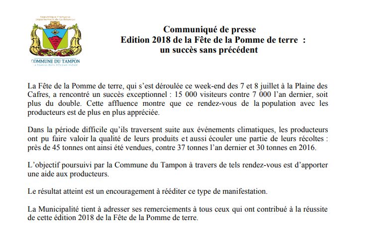 Communiqué fête de la pomme de terre 2018 - source: letampon.fr